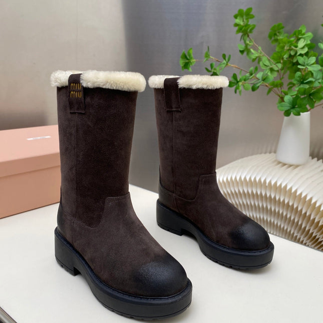 MIUMIU 26S MID CALF BOOT IN DARK BROWN  SUEDE AND SHEARLING