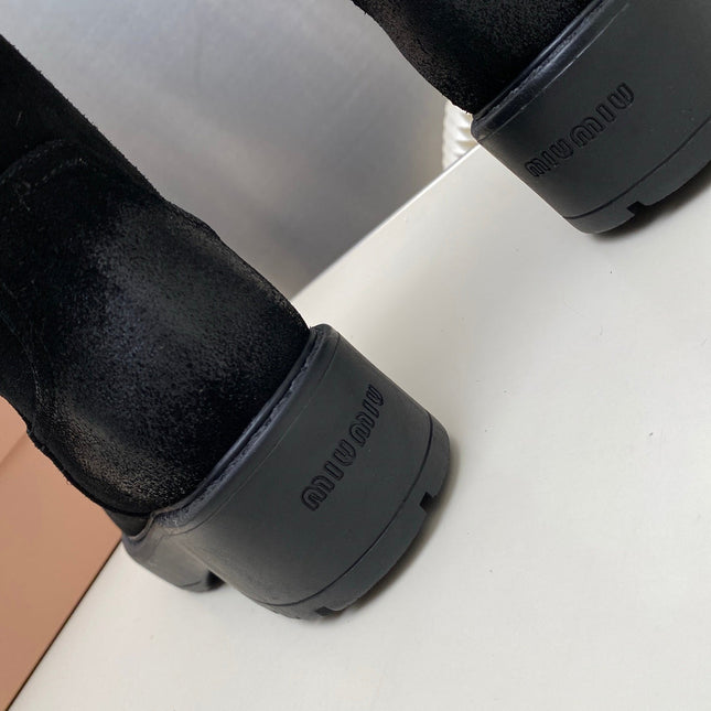 MIUMIU 26S MID CALF BOOT IN BLACK SUEDE AND SHEARLING