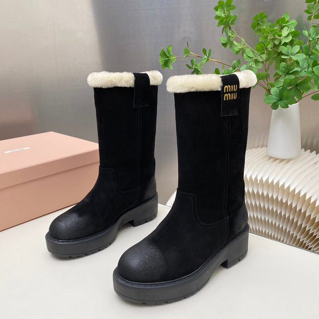 MIUMIU 26S MID CALF BOOT IN BLACK SUEDE AND SHEARLING