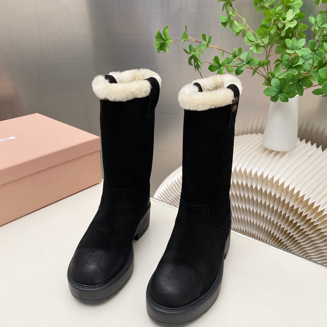 MIUMIU 26S MID CALF BOOT IN BLACK SUEDE AND SHEARLING