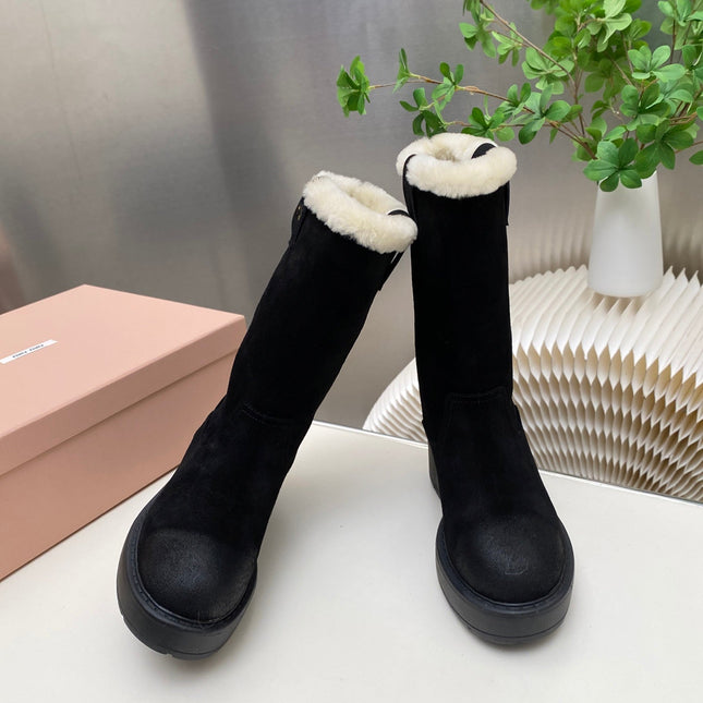 MIUMIU 26S MID CALF BOOT IN BLACK SUEDE AND SHEARLING