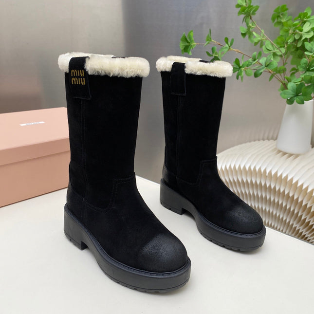 MIUMIU 26S MID CALF BOOT IN BLACK SUEDE AND SHEARLING