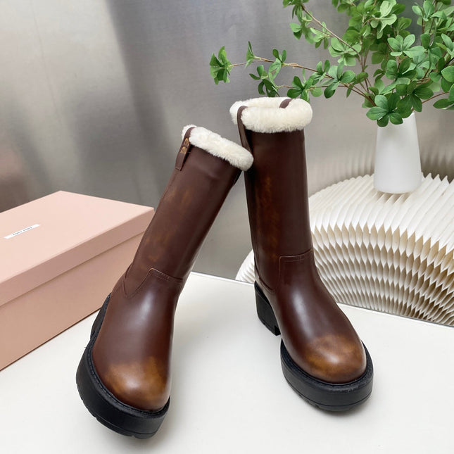 MIUMIU 26S MID CALF BOOT IN DARK BROWN CALFSKIN