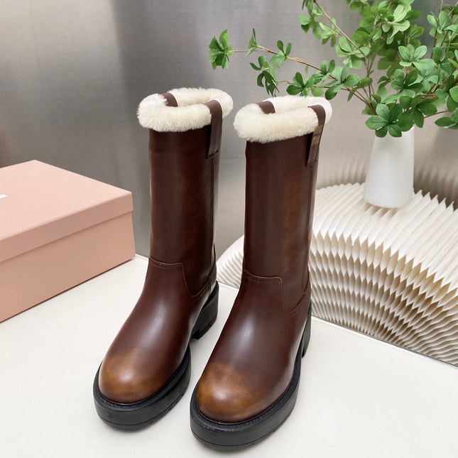 MIUMIU 26S MID CALF BOOT IN DARK BROWN CALFSKIN
