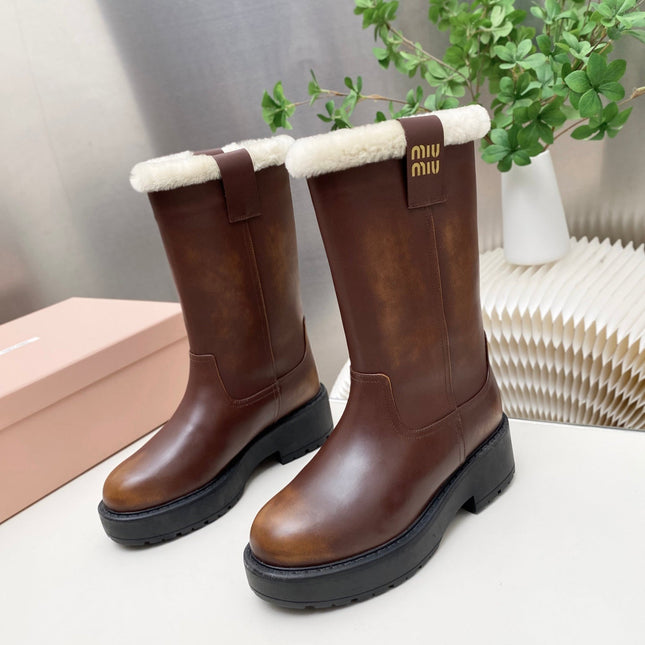 MIUMIU 26S MID CALF BOOT IN DARK BROWN CALFSKIN
