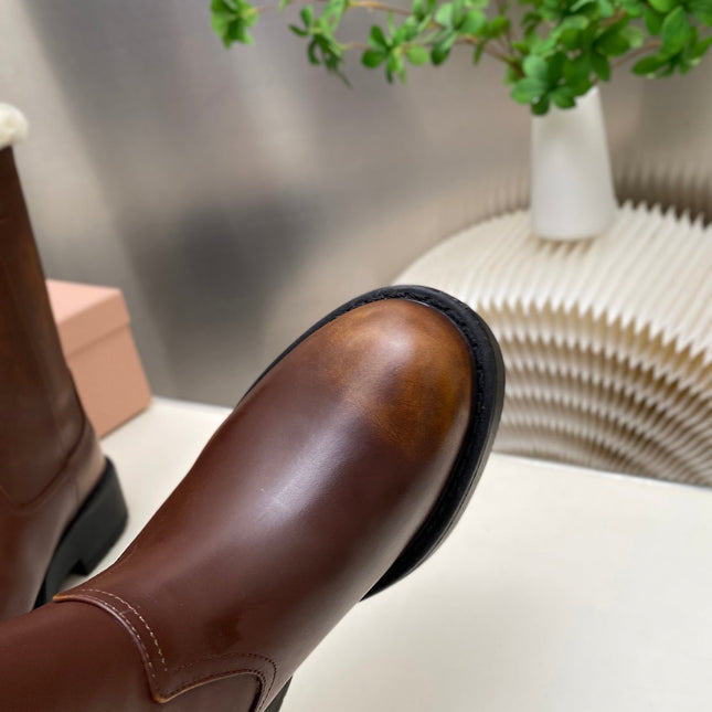 MIUMIU 26S MID CALF BOOT IN DARK BROWN CALFSKIN