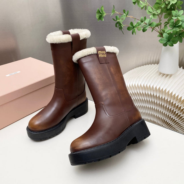 MIUMIU 26S MID CALF BOOT IN DARK BROWN CALFSKIN