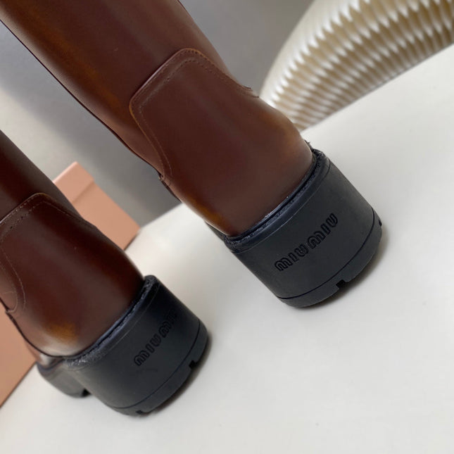 MIUMIU 26S MID CALF BOOT IN DARK BROWN CALFSKIN