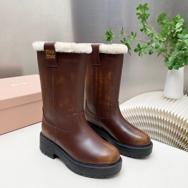 MIUMIU 26S MID CALF BOOT IN DARK BROWN CALFSKIN