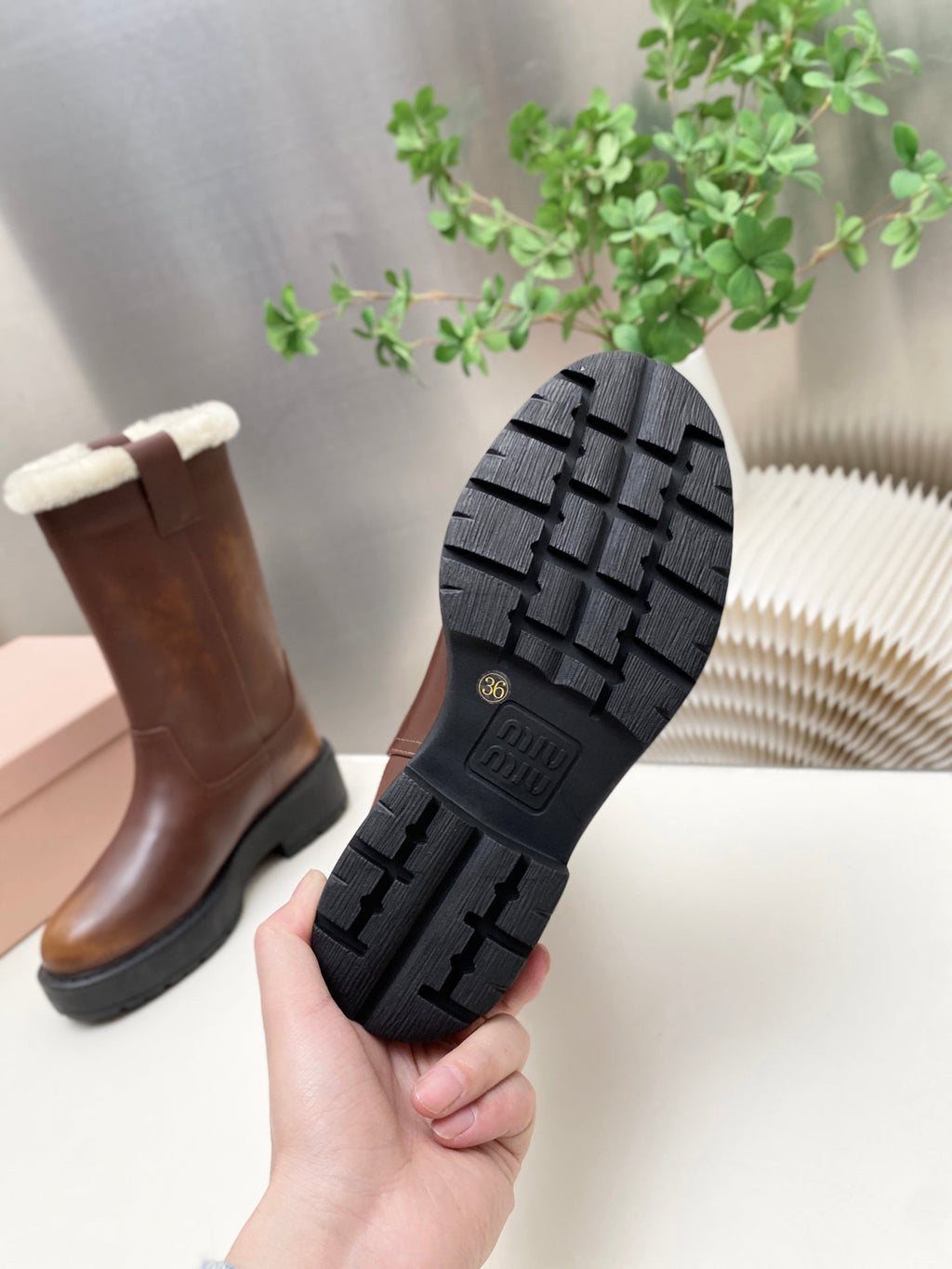 MIUMIU 26S MID CALF BOOT IN DARK BROWN CALFSKIN