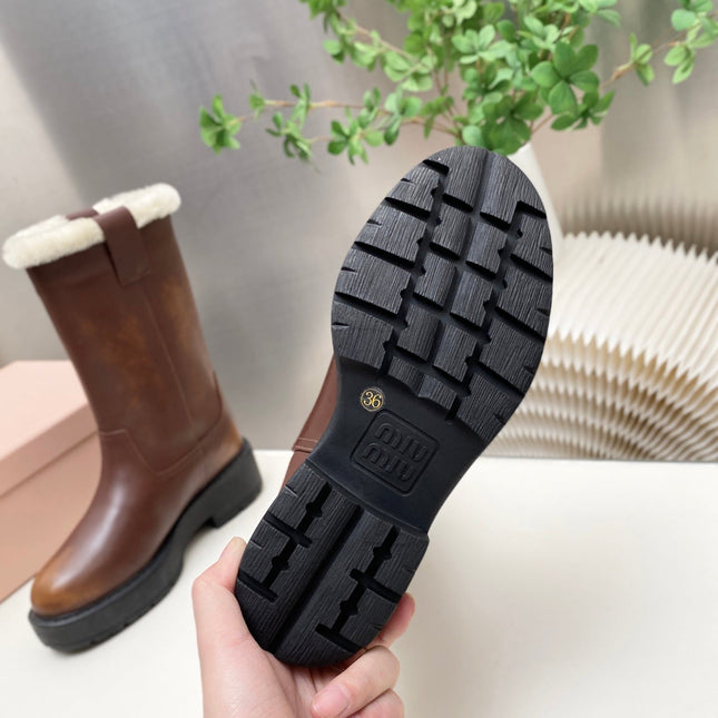 MIUMIU 26S MID CALF BOOT IN DARK BROWN CALFSKIN