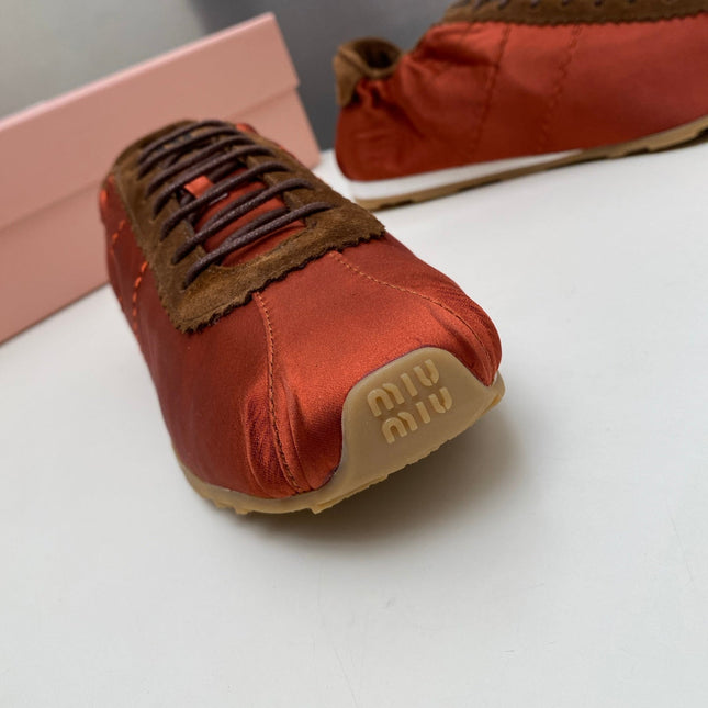 MIUMIU 26S SNEAKERS IN RUST RED PLUME SATIN