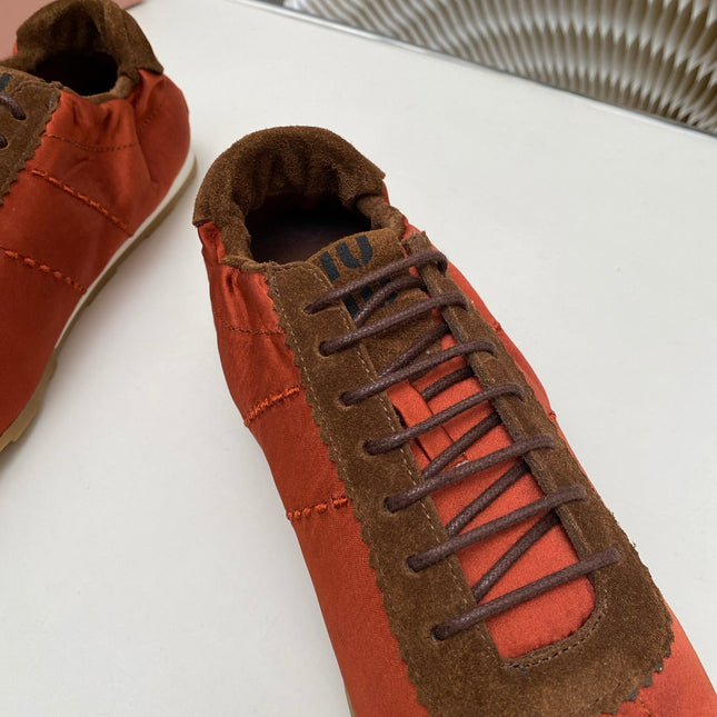 MIUMIU 26S SNEAKERS IN RUST RED PLUME SATIN