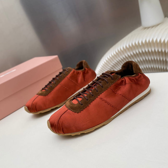 MIUMIU 26S SNEAKERS IN RUST RED PLUME SATIN