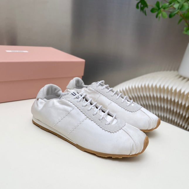 MIUMIU 26S SNEAKERS IN WHITE PLUME SATIN