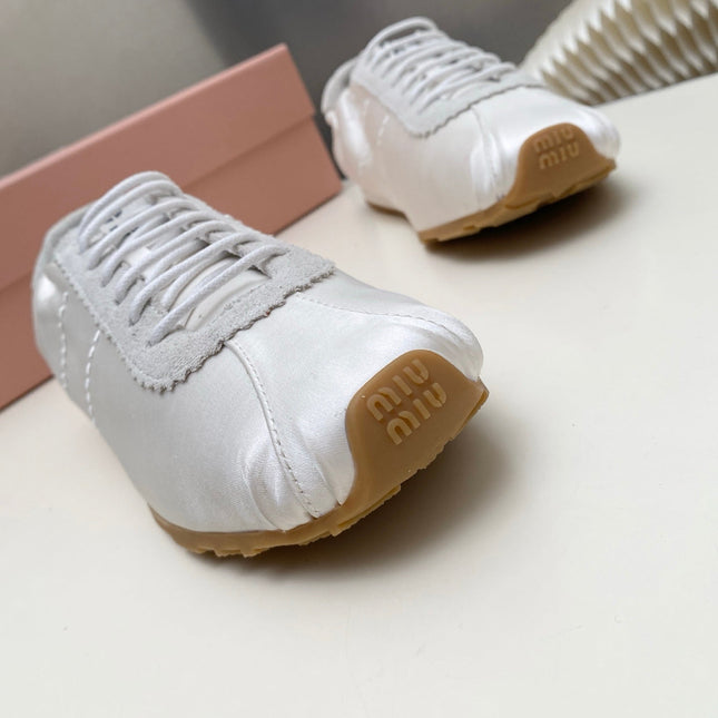 MIUMIU 26S SNEAKERS IN WHITE PLUME SATIN