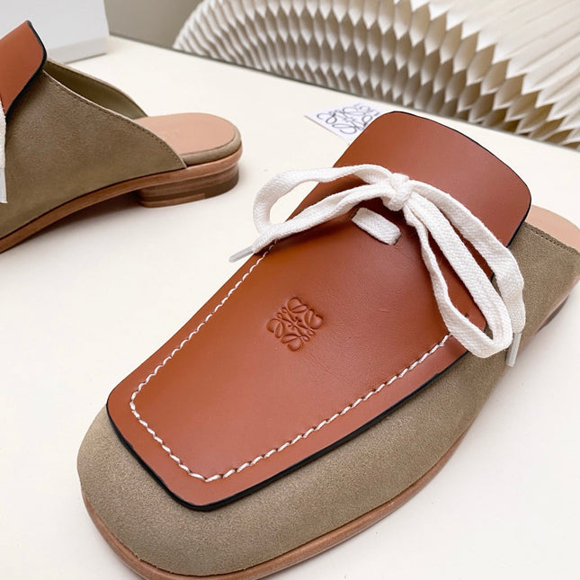 LOEWE 26S FLAT MULES IN BROWN CALFSKIN AND SUEDE