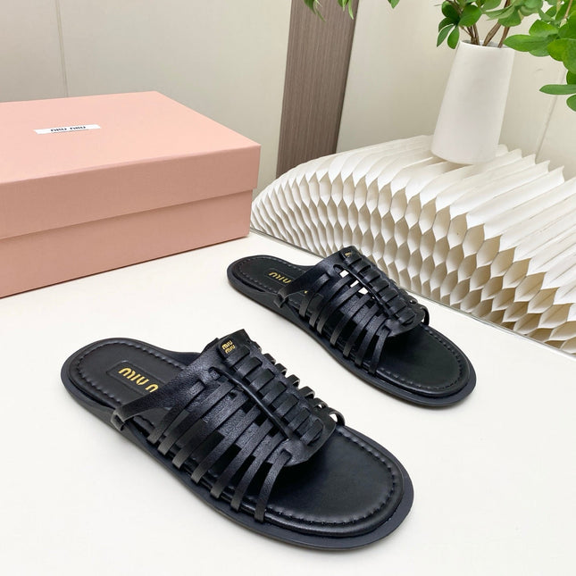 MIUMIU 26S SLIDES SANDAL IN BLACK CALFSKIN