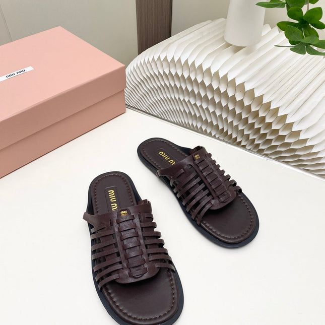 MIUMIU 26S SLIDES SANDAL IN DARK BROWN CALFSKIN