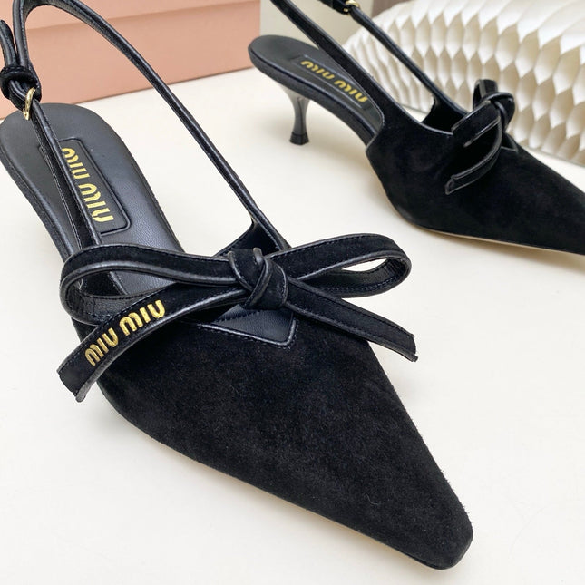 MIUMIU 26S SLINGBACK PUMPS 55MM IN BLACK SUEDE WITH BOW