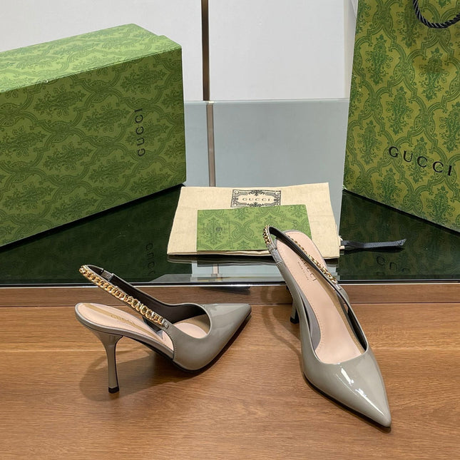 GG HIGH SLINGBACK 10.5 CM IN DOVE GREY GLOSSY CALFSKIN WITH GOLD HARDWARE