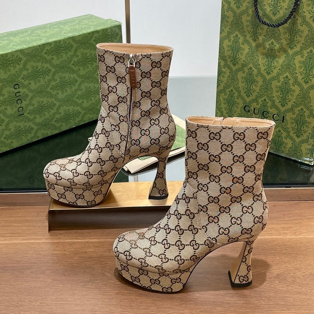 GG SHORT BOOTS 11.5 CM IN CAMEL BROWN MONOGRAM JACQUARD FABRIC