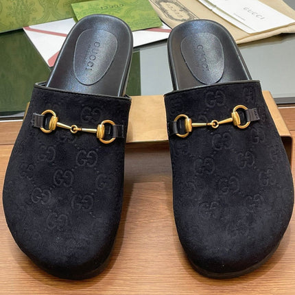 GG HORSEBIT MULE IN BLACK EMBOSSED SUEDE AND SHEEPSKIN LINING