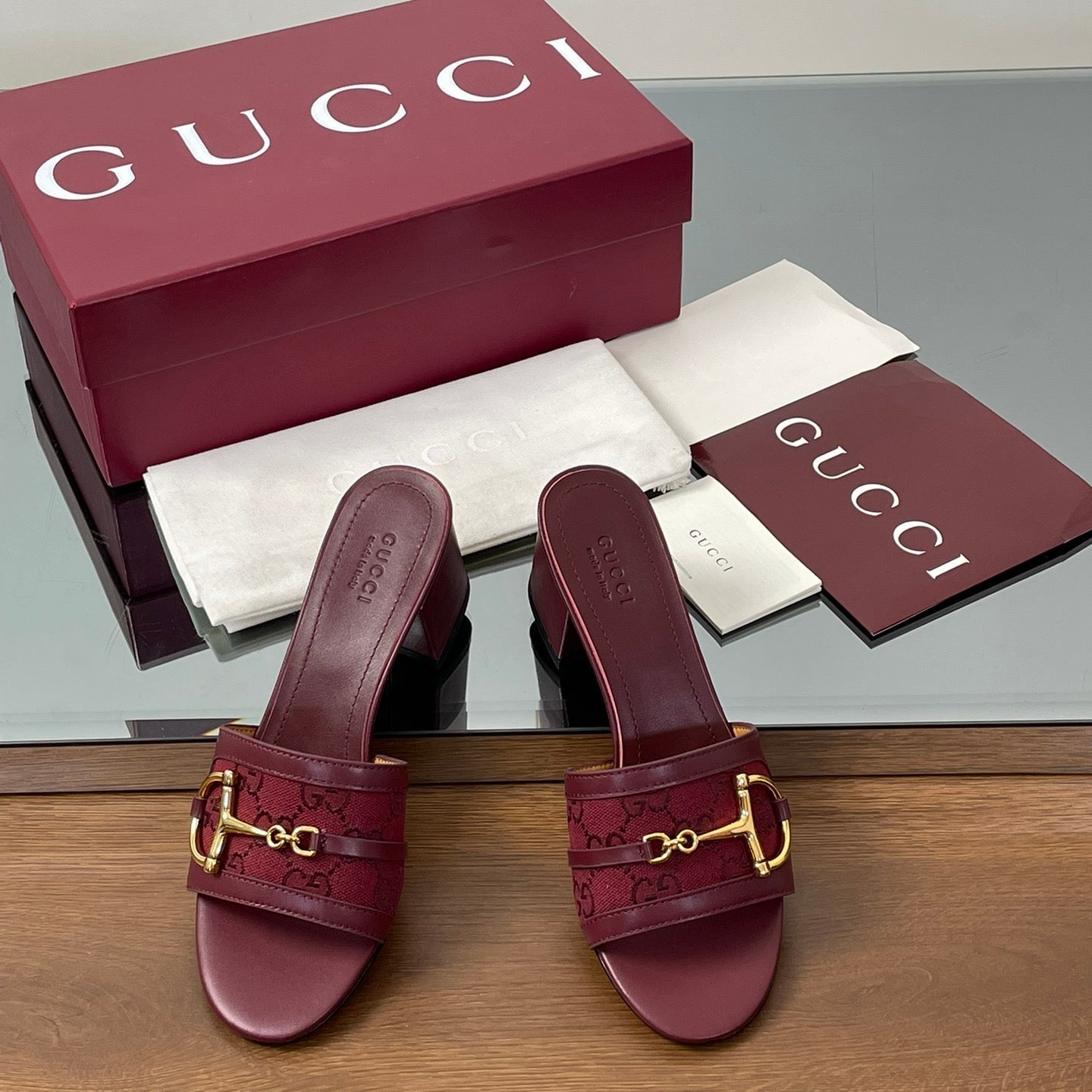 HIGH HEEL MULE 5.5 CM IN DARK RED CALFSKIN MIX FABRIC AND GOLD HARDWARE