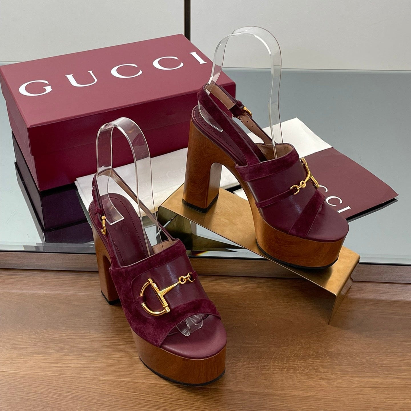HIGH HEEL SANDALS 13 CM IN DARK RED CALFSKIN MIX SUEDE GOLD HARDWARE