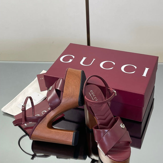 GUCCI 26S DOUBLE G LOGO PLATFORM SANDAL HEELS 130MM IN BURGUNDY RED CALFSKIN