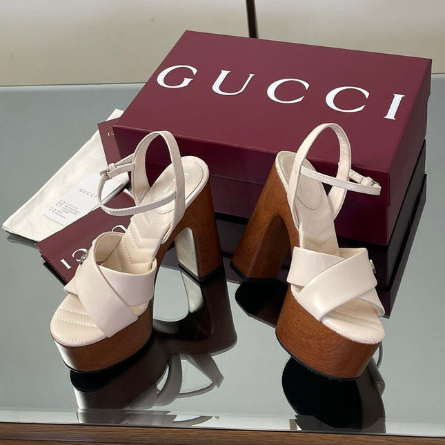 GUCCI 26S DOUBLE G LOGO PLATFORM SANDAL HEELS 130MM IN IVORY WHITE CALFSKIN