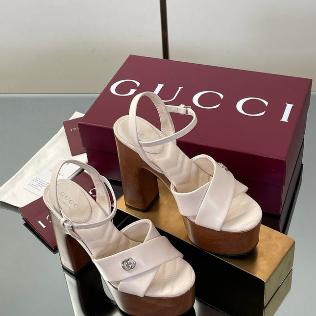 GUCCI 26S DOUBLE G LOGO PLATFORM SANDAL HEELS 130MM IN IVORY WHITE CALFSKIN