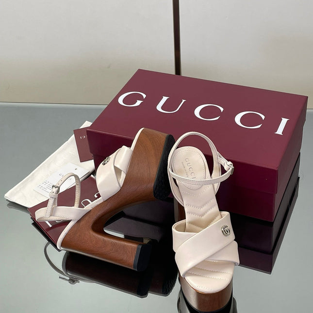 GUCCI 26S DOUBLE G LOGO PLATFORM SANDAL HEELS 130MM IN IVORY WHITE CALFSKIN
