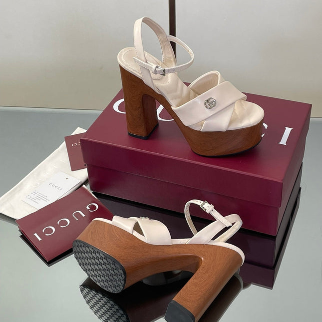 GUCCI 26S DOUBLE G LOGO PLATFORM SANDAL HEELS 130MM IN IVORY WHITE CALFSKIN