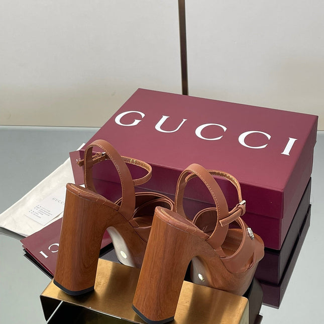 GUCCI 26S DOUBLE G LOGO PLATFORM SANDAL HEELS 130MM IN CARAMEL BROWN CALFSKIN