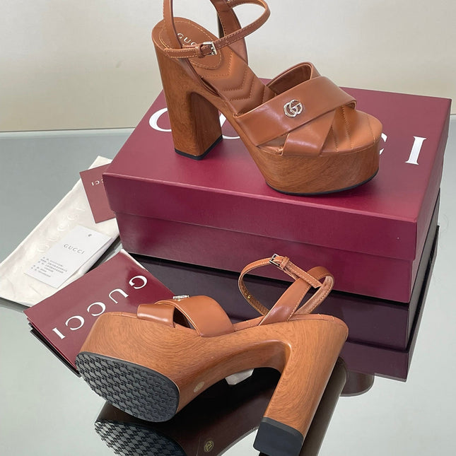 GUCCI 26S DOUBLE G LOGO PLATFORM SANDAL HEELS 130MM IN CARAMEL BROWN CALFSKIN