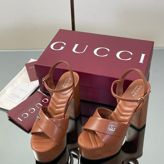 GUCCI 26S DOUBLE G LOGO PLATFORM SANDAL HEELS 130MM IN CARAMEL BROWN CALFSKIN