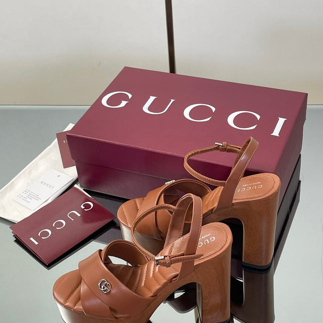 GUCCI 26S DOUBLE G LOGO PLATFORM SANDAL HEELS 130MM IN CARAMEL BROWN CALFSKIN