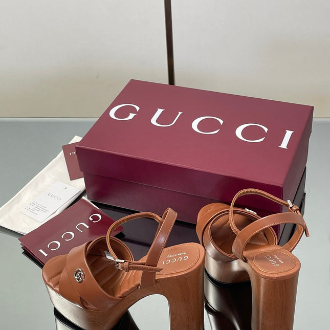 GUCCI 26S DOUBLE G LOGO PLATFORM SANDAL HEELS 130MM IN CARAMEL BROWN CALFSKIN