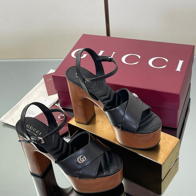 GUCCI 26S DOUBLE G LOGO PLATFORM SANDAL HEELS 130MM IN BLACK CALFSKIN