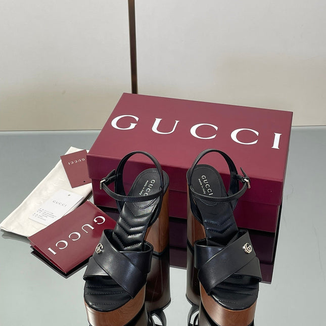 GUCCI 26S DOUBLE G LOGO PLATFORM SANDAL HEELS 130MM IN BLACK CALFSKIN