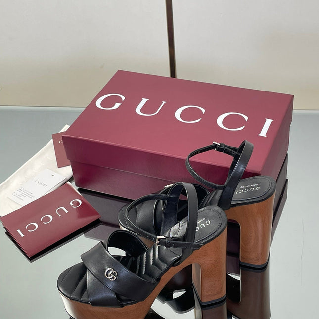 GUCCI 26S DOUBLE G LOGO PLATFORM SANDAL HEELS 130MM IN BLACK CALFSKIN