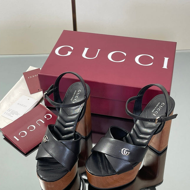 GUCCI 26S DOUBLE G LOGO PLATFORM SANDAL HEELS 130MM IN BLACK CALFSKIN