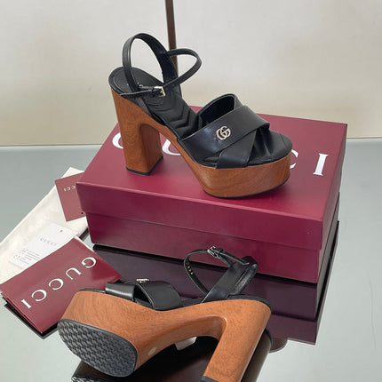 GUCCI 26S DOUBLE G LOGO PLATFORM SANDAL HEELS 130MM IN BLACK CALFSKIN