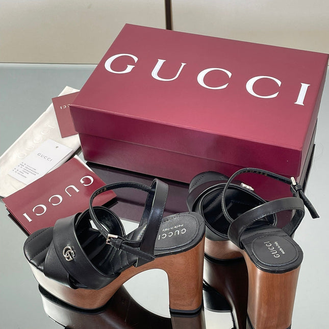 GUCCI 26S DOUBLE G LOGO PLATFORM SANDAL HEELS 130MM IN BLACK CALFSKIN