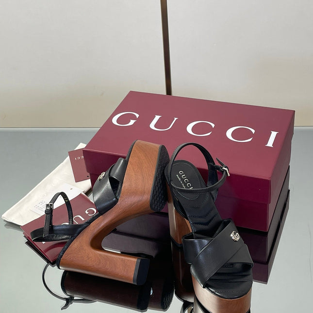 GUCCI 26S DOUBLE G LOGO PLATFORM SANDAL HEELS 130MM IN BLACK CALFSKIN