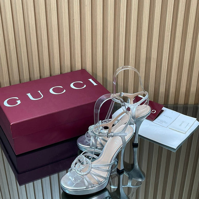 GUCCI 26S HIGH-HEELED SANDALS 125 MM IN SILVER CALFSKIN