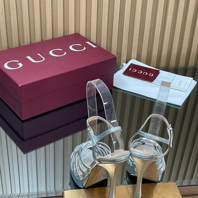 GUCCI 26S HIGH-HEELED SANDALS 125 MM IN SILVER CALFSKIN