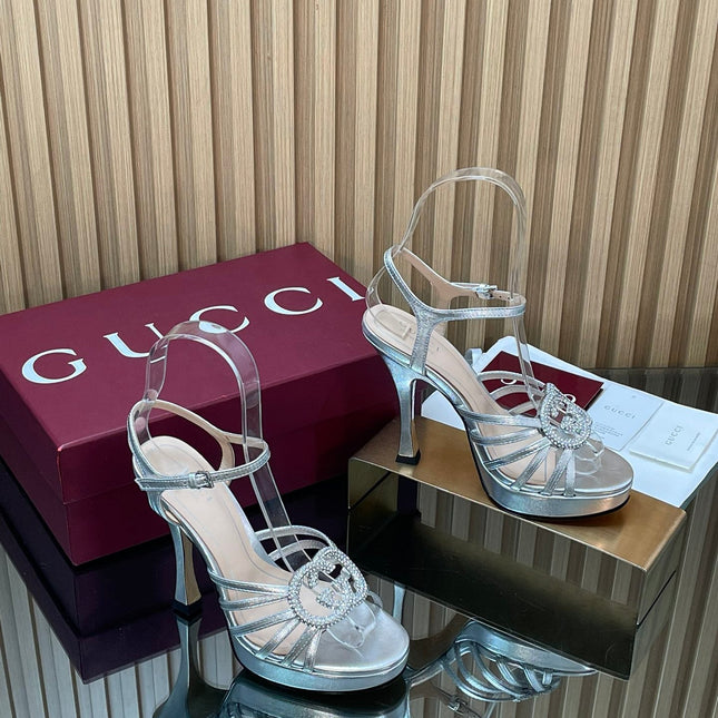 GUCCI 26S HIGH-HEELED SANDALS 125 MM IN SILVER CALFSKIN