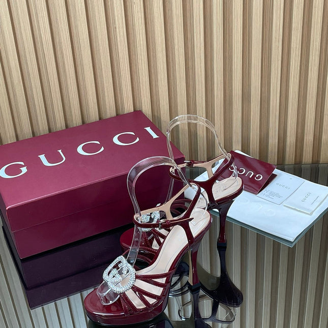GUCCI 26S HIGH-HEELED SANDALS 125 MM IN DARK RED CALFSKIN